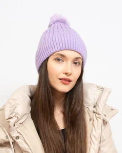 Discount Fioletowa damska ocieplana czapka z pomponem Damskie Czapki I Kapelusze