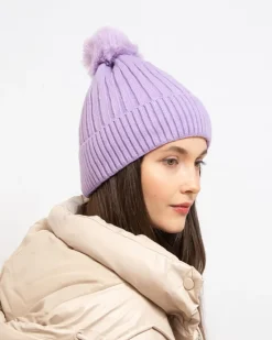 Discount Fioletowa damska ocieplana czapka z pomponem Damskie Czapki I Kapelusze