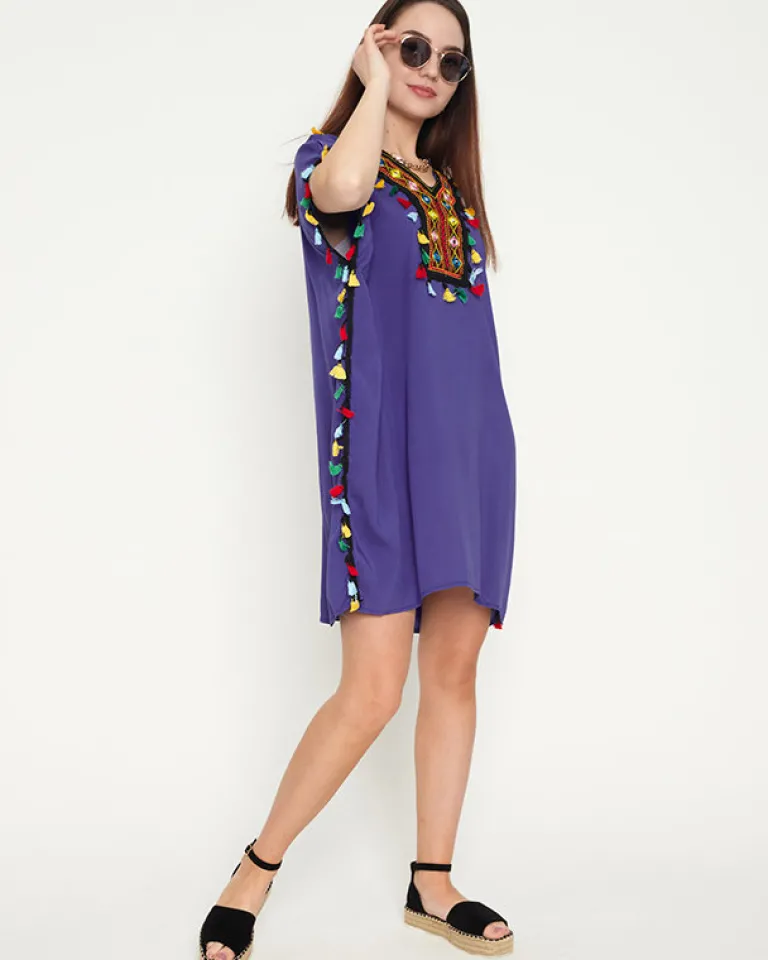 Discount Fioletowa damska letnia tunika plażowa z frędzelkami Sukienki Letnie|Sukienki Krótkie