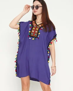 Discount Fioletowa damska letnia tunika plażowa z frędzelkami Sukienki Letnie|Sukienki Krótkie
