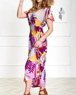 Best Fioletowa damska długa sukienka z roślinnym printem Sukienki Letnie|Sukienki Długie