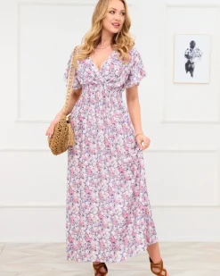 Outlet Fioletowa damska sukienka maxi w kwiaty Sukienki Letnie|Sukienki Długie