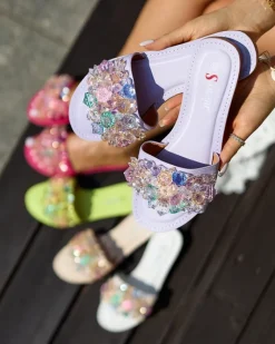 Clearance Fioletowe damskie klapki z kolorowymi kryształkami Bling Breeze Klapki Płaskie