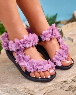 Sale Fioletowe sandały damskie z kwiatuszkami Alferroy Sandały Płaskie