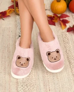 Discount Fioletowo - różowe damskie futrzane kapcie z misiem Hettres Kapcie