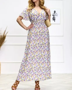 Discount Fioletowo-zielona damska kwiecista sukienka midi Sukienki Letnie|Sukienki Długie