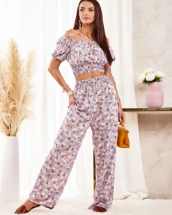 Sale dwuczęściowy damski komplet w kwiatki Damskie Komplety Damskie