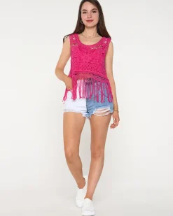 Best Fuksjowa damska koronkowa bluzka crop top z falbankami Bluzki / Koszule / Koszulki