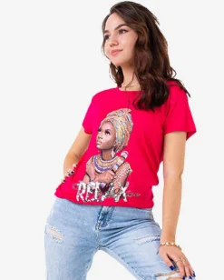 Best damski t-shirt z kolorowym printem i cekinami Bluzki / Koszule / Koszulki