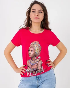 Best damski t-shirt z kolorowym printem i cekinami Bluzki / Koszule / Koszulki