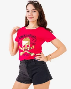 Best damski t-shirt z cekinami i napisami Bluzki / Koszule / Koszulki