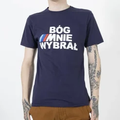 Outlet Granatowa bawełniana koszulka męska z printem Bluzki