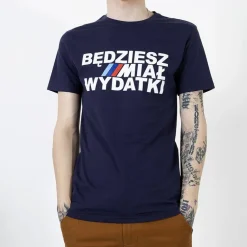 Outlet Granatowa bawełniana koszulka męska z printem Bluzki