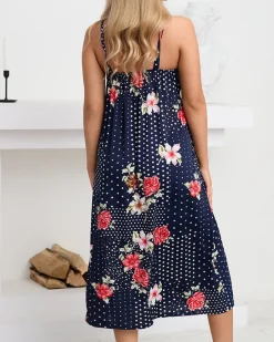 Sale Granatowa damska midi sukienka na ramiączkach w groszki Sukienki Letnie|Sukienki Długie