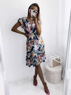 Best Granatowa sukienka damska mini z printem w kwiaty Sukienki Letnie|Sukienki Krótkie