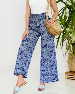 Granatowe damskie spodnie materiałowe z printem Spodnie Materiałowe