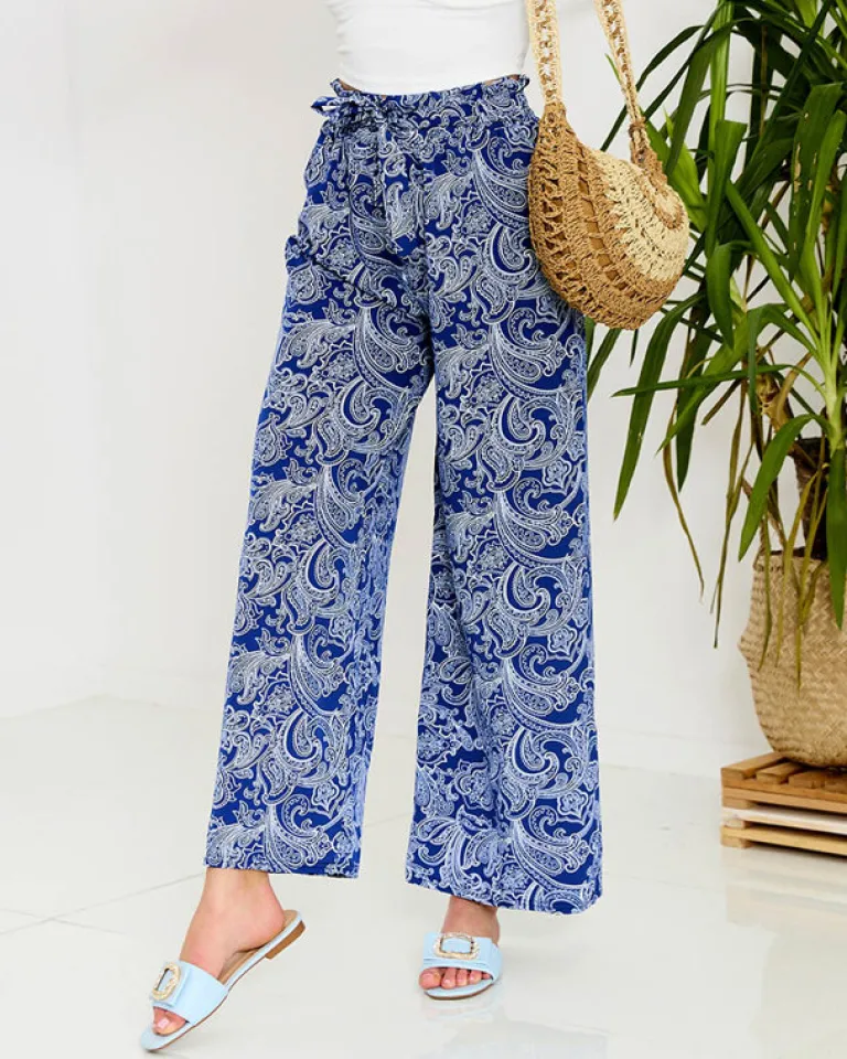 Granatowe damskie spodnie materiałowe z printem Spodnie Materiałowe