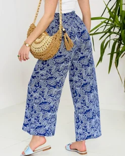 Granatowe damskie spodnie materiałowe z printem Spodnie Materiałowe