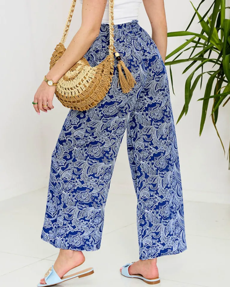 Granatowe damskie spodnie materiałowe z printem Spodnie Materiałowe