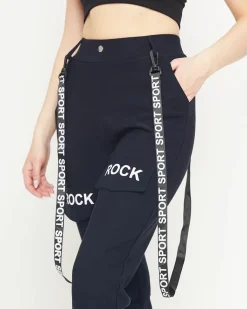 Sale Granatowe damskie materiałowe spodnie typu bojówki z szelkami Spodnie Cargo|Spodnie Dresowe