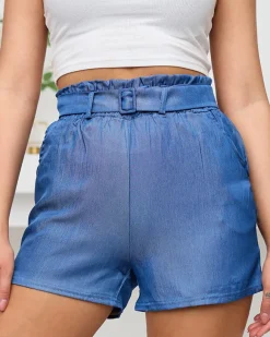 Discount Granatowe damskie krótkie spodenki a'la jeans z paskiem Szorty|Krótkie Spodenki