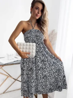 New Granatowo - biała damska sukienka midi z printem Sukienki Letnie|Sukienki Długie