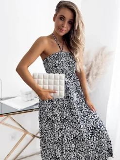 New Granatowo - biała damska sukienka midi z printem Sukienki Letnie|Sukienki Długie