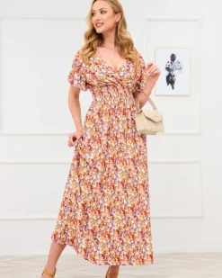 Outlet Jasnobrązowa damska sukienka maxi w kwiaty Sukienki Letnie|Sukienki Długie