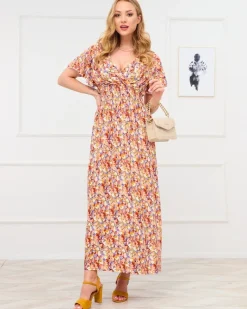 Outlet Jasnobrązowa damska sukienka maxi w kwiaty Sukienki Letnie|Sukienki Długie