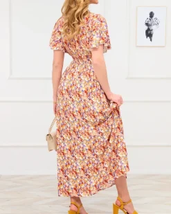 Outlet Jasnobrązowa damska sukienka maxi w kwiaty Sukienki Letnie|Sukienki Długie