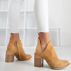 Best Jasnobrązowe damskie botki na słupku z wycięciami Cintura Botki Bez Ocieplenia|Botki Na Słupku
