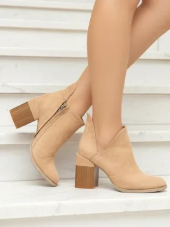 New Jasnobrązowe damskie botki z wycięciami Plinara Botki Bez Ocieplenia|Botki Na Słupku