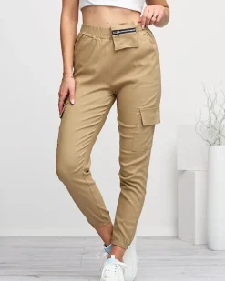 Outlet Jasnobrązowe damskie spodnie typu bojówki z odpinaną kieszenią Spodnie Cargo