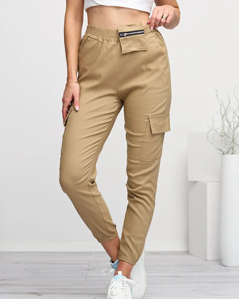 Outlet Jasnobrązowe damskie spodnie typu bojówki z odpinaną kieszenią Spodnie Cargo