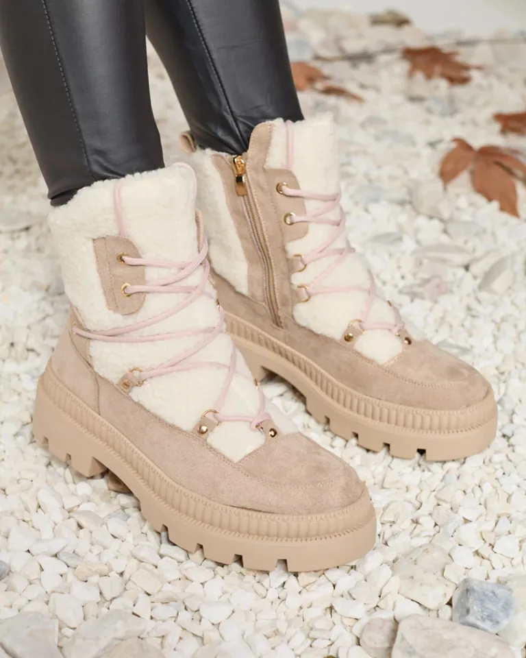 Online Jasnobrązowe botki damskie typu trapery z kożuszkiem Getatsa Trapery|Botki Z Delikatnym Ociepleniem