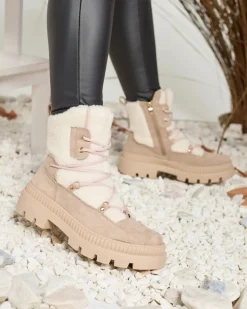 Online Jasnobrązowe botki damskie typu trapery z kożuszkiem Getatsa Trapery|Botki Z Delikatnym Ociepleniem