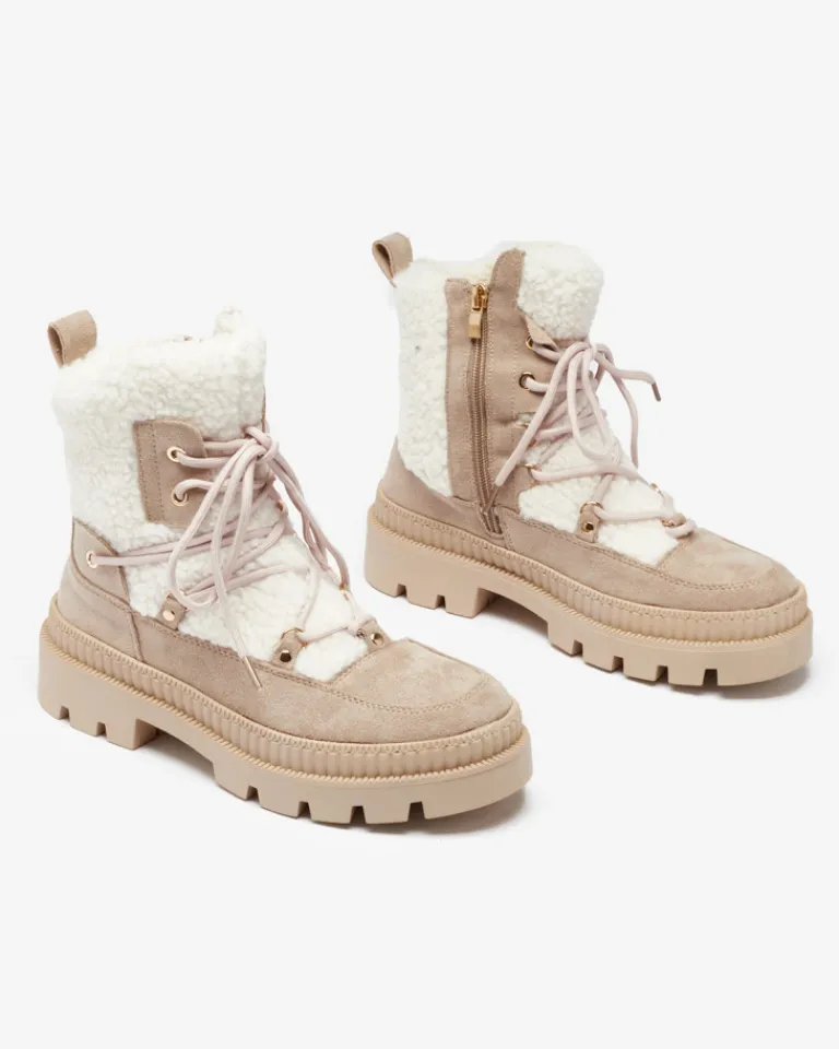 Online Jasnobrązowe botki damskie typu trapery z kożuszkiem Getatsa Trapery|Botki Z Delikatnym Ociepleniem