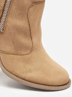 Sale Jasnobrązowe eko zamszowe damskie botki na słupku Emrica Botki Bez Ocieplenia|Botki Na Słupku