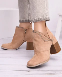 Clearance Jasnobrązowe damskie ocieplane botki na słupku Mukis Botki Bez Ocieplenia|Botki Na Słupku