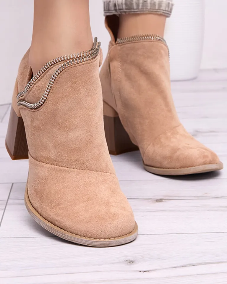 Clearance Jasnobrązowe damskie ocieplane botki na słupku Mukis Botki Bez Ocieplenia|Botki Na Słupku