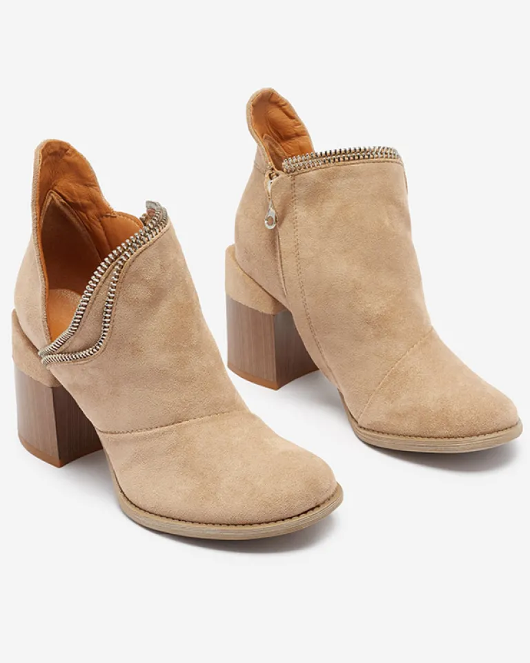 Clearance Jasnobrązowe damskie ocieplane botki na słupku Mukis Botki Bez Ocieplenia|Botki Na Słupku