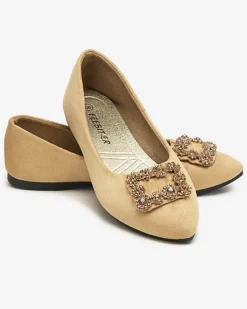 Outlet Jasnobrązowe damskie eko-zamszowe balerinki z ozdobą Linselisa Baleriny Klasyczne