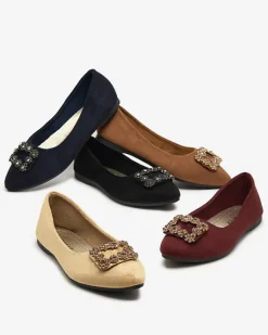 Outlet Jasnobrązowe damskie eko-zamszowe balerinki z ozdobą Linselisa Baleriny Klasyczne