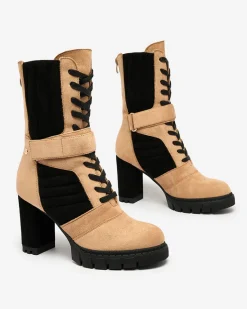 Outlet Jasnobrązowe damskie ocieplane botki na słupku Sehhra Botki Z Delikatnym Ociepleniem|Botki Sznurowane