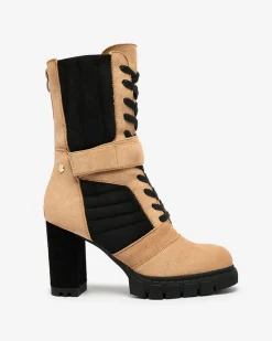 Outlet Jasnobrązowe damskie ocieplane botki na słupku Sehhra Botki Z Delikatnym Ociepleniem|Botki Sznurowane