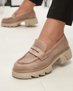 Online Jasnobrązowe damskie ażurowe mokasyny na masywnej podeszwie Ejina Półbuty|Mokasyny Na Płaskiej Podeszwie