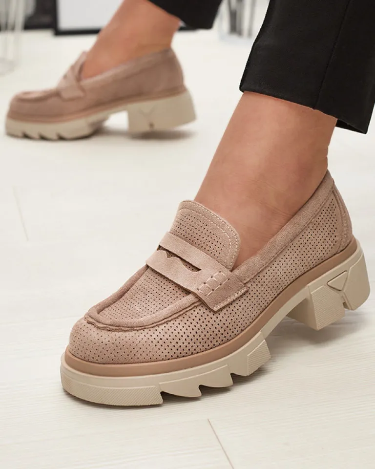 Online Jasnobrązowe damskie ażurowe mokasyny na masywnej podeszwie Ejina Półbuty|Mokasyny Na Płaskiej Podeszwie
