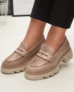 Online Jasnobrązowe damskie ażurowe mokasyny na masywnej podeszwie Ejina Półbuty|Mokasyny Na Płaskiej Podeszwie