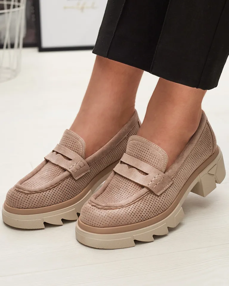 Online Jasnobrązowe damskie ażurowe mokasyny na masywnej podeszwie Ejina Półbuty|Mokasyny Na Płaskiej Podeszwie