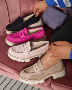 Online Jasnobrązowe damskie ażurowe mokasyny na masywnej podeszwie Ejina Półbuty|Mokasyny Na Płaskiej Podeszwie